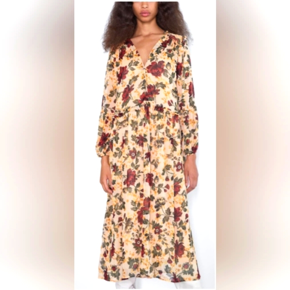Zara Dresses & Skirts - Zara beige dress w/ red floral print Maxi Medium Fairy Boho Festival Whimsigoth